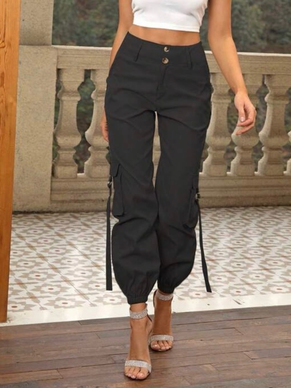 High-Rise Black Cargo Jogger Pants - Women
